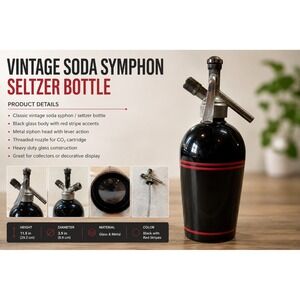 Vintage Sparklets London Soda Syphon Black Glass Red Stripe‎ Art Deco Barware